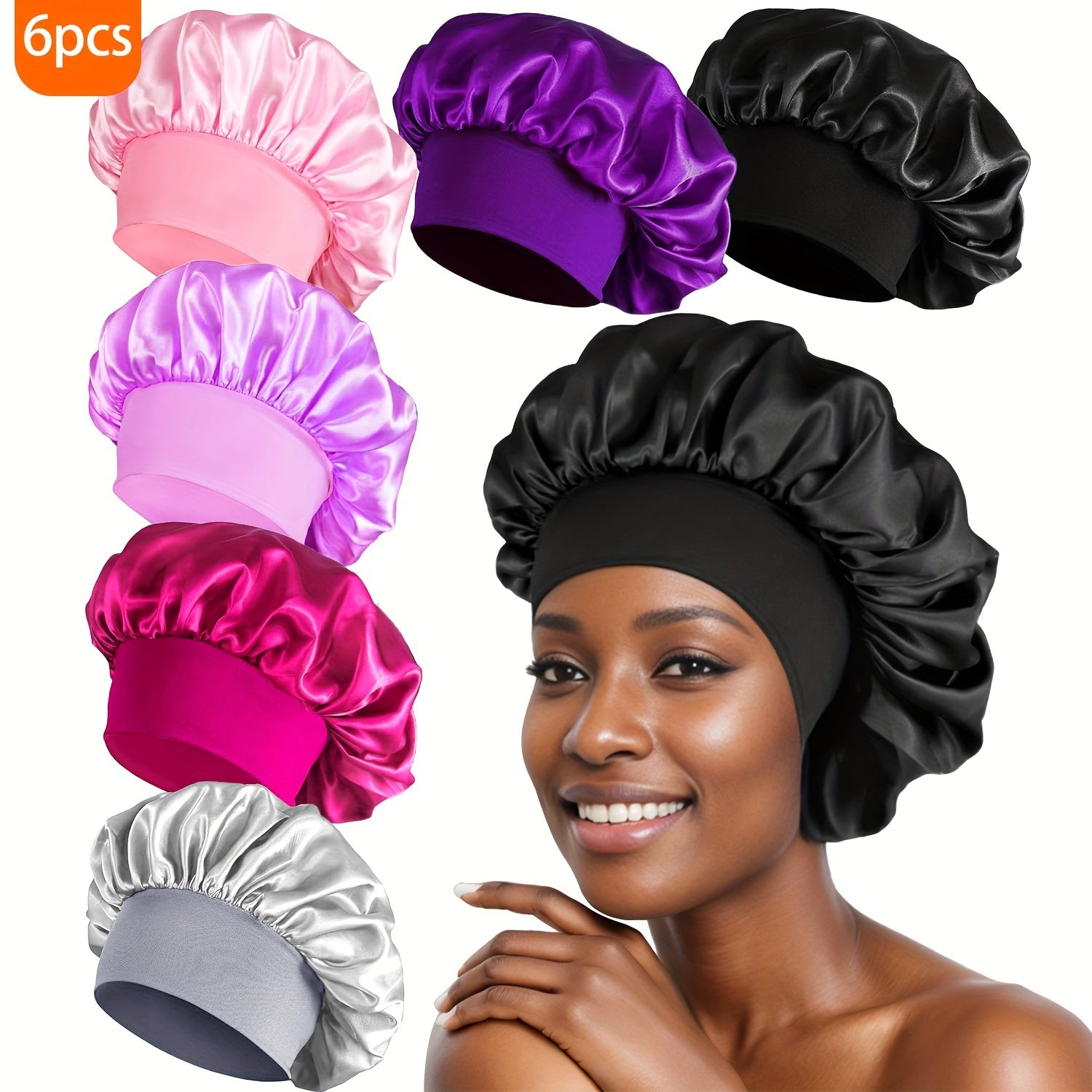 6pcs Soft Satin Sleep Bonnets - Skullies & Beanies for Women, Comfortable Night Hair Protection, Breathable Elastic Band Hair Care Cover for Sleeping, Gentle Hair Accessories for Beauty Sleep