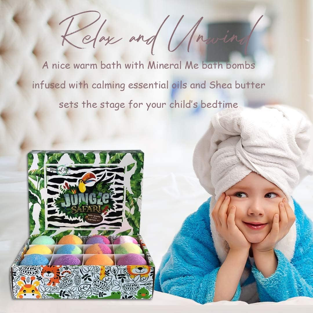 Bath Bombs for Kids with Surprise Inside, 12 Bubble Bath Fizzies with Jungle Animal Toys. Moisturizing, Gentle & Kids Safe, Rainbow Spa Bath Fizz, Birthday Gift Easter Basket Essentials for Boy Girls