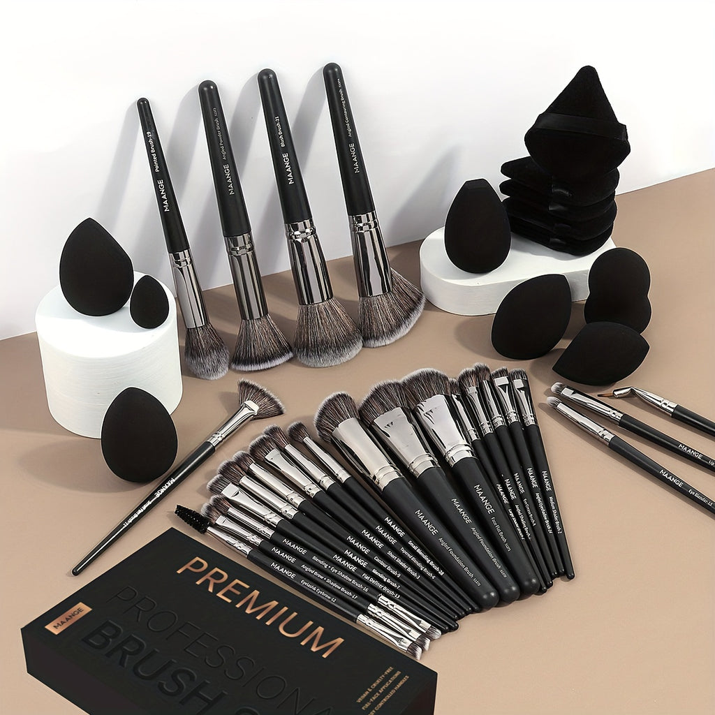 25pcs Professional Makeup Brush Set&7pcs Multi-Functional Beauty Blender&5pcs Dry Use Triangle Powder Puff, Blush Brush, Makeup Tools With Soft Fiber For Easy Carrying, Foundation Brush, Eye Shadow Brush, Eyebrow Brush, Brush