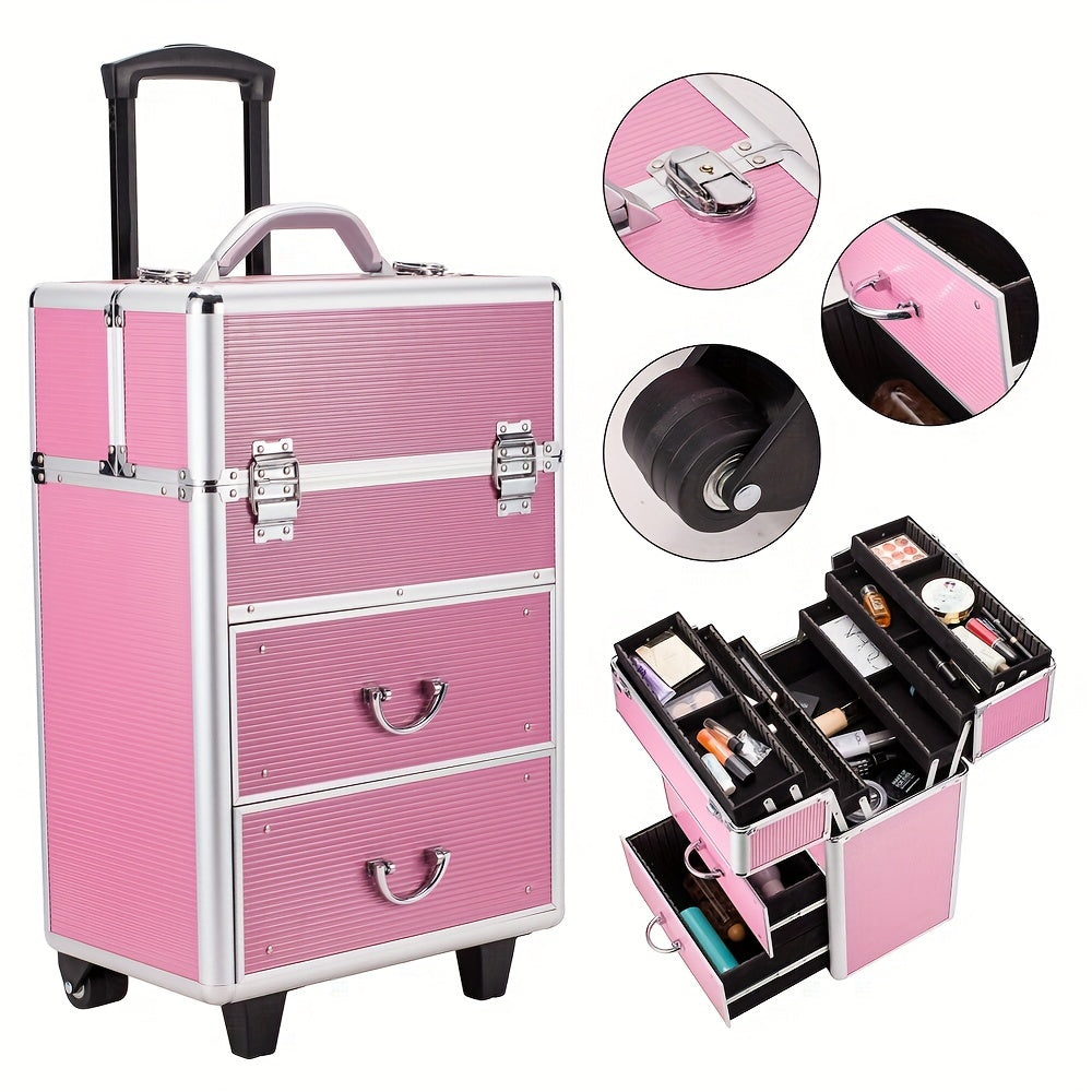 4-tier Lockable Cosmetic Makeup Train Case With Extendable Trays Pink For Beauty Salon