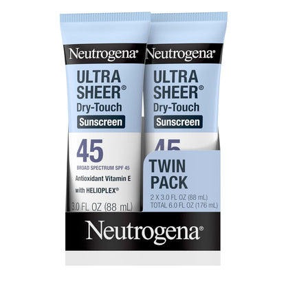 Ultra Sheer Dry-Touch Sunscreen for Face & Body, SPF 45 Broad Spectrum UVA/UVB Protection, Lightweight Water Resistant & Non-Greasy, Travel Size Sunscreen, 3 Fl. Oz 2 Pack