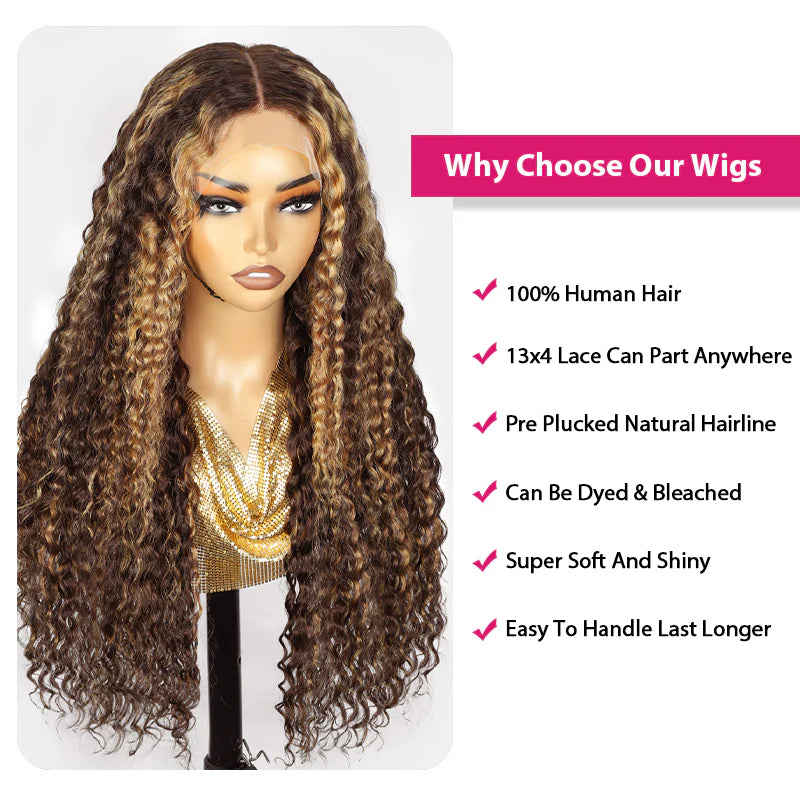 Ishow Highlight Wig Deep Wave Wig Honey Blonde HD Lace Wig 4X4 Lace Closure Wig