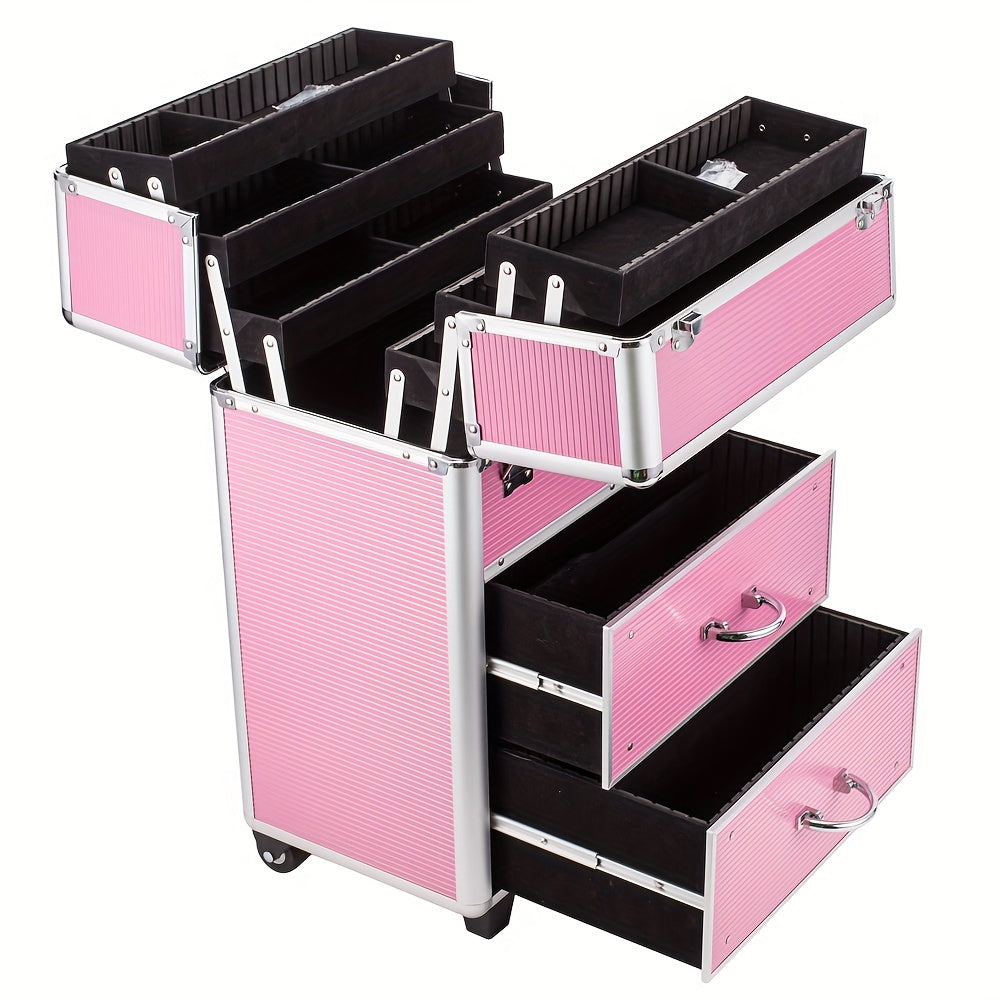 4-tier Lockable Cosmetic Makeup Train Case With Extendable Trays Pink For Beauty Salon