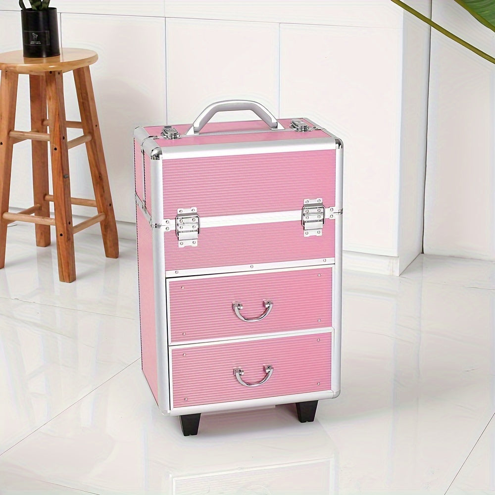 4-tier Lockable Cosmetic Makeup Train Case With Extendable Trays Pink For Beauty Salon