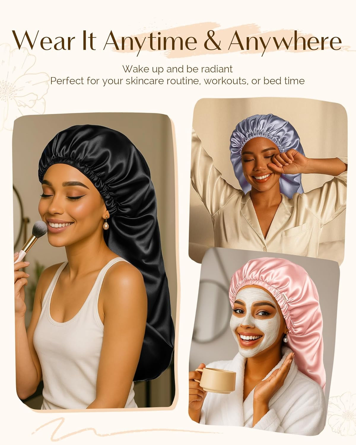 Satin Sleep Bonnet for Natural Hair - Extra Double Layer Long Adjustable Silk Hair Bonnet for Braids, Locs, Curls - Women’S Night Hair Protection Cap